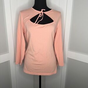 Guess Cutout Tie Neck Top Womens XL Peach Pink Long Sleeve Stretch W63P84K49A1